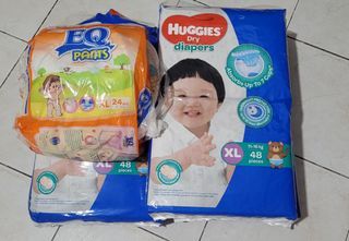 186 pieces baby diapers XL [3 Packs of 48 pcs Huggies Dry Tape Diapers, 1 pack of 26 pcs Huggies Dry Pants and 1 pack 24 pcs EQ Pants]