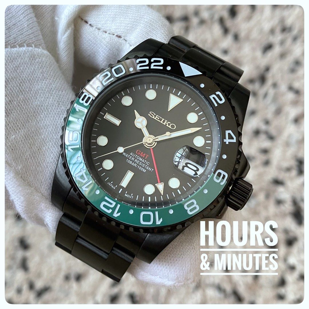 Black GMT Sprite automatic watch - Seiko mod, Men's Fashion, Watches ...
