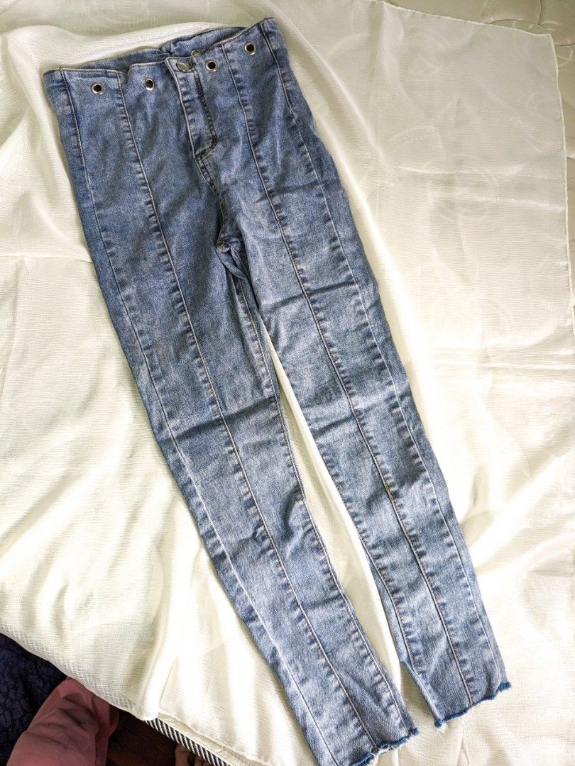 Blue stylish high waisted long jeans Jeggings with frayed bottom