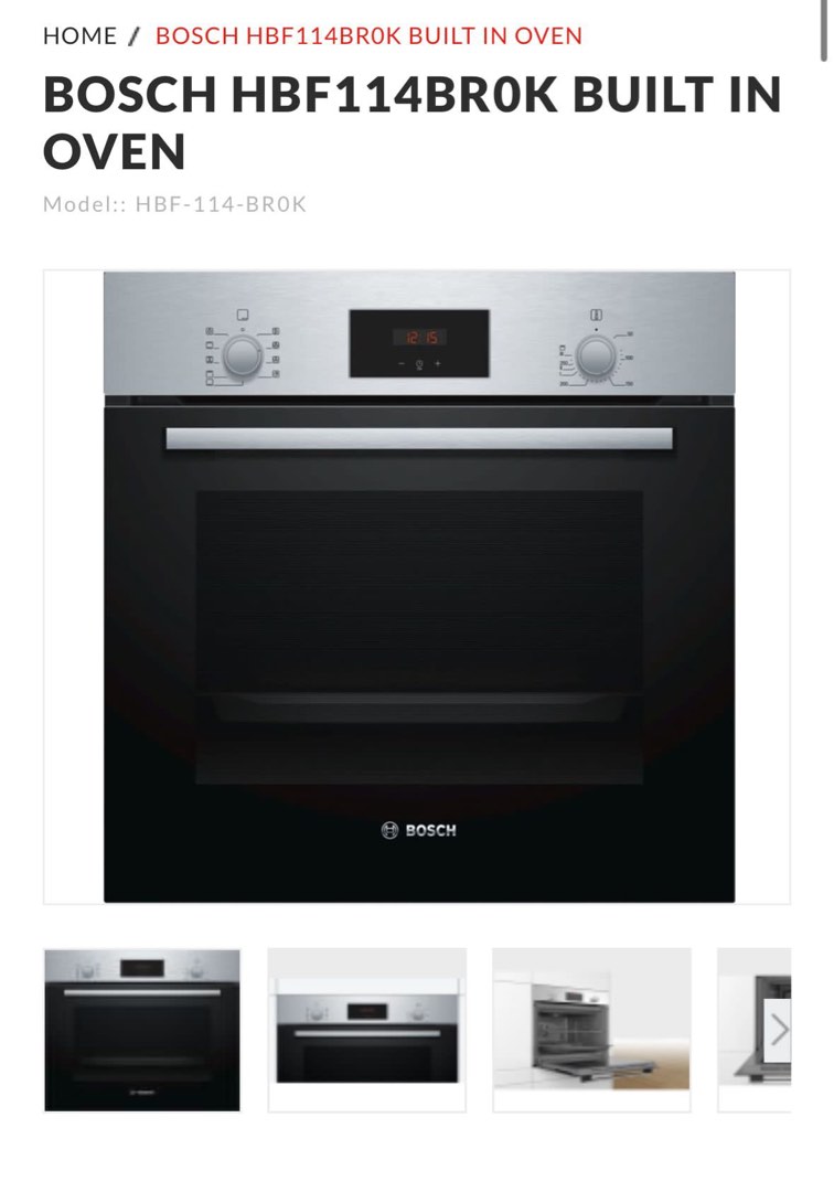 BOSCH BUILT IN OVEN HBF114BR0K, TV & Home Appliances, Kitchen
