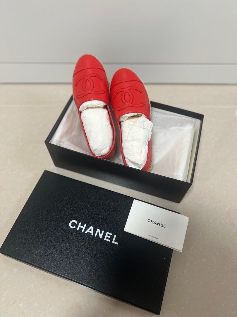 Chanel 19C Red Lambskin Leather CC Logo Double Sole Espadrilles