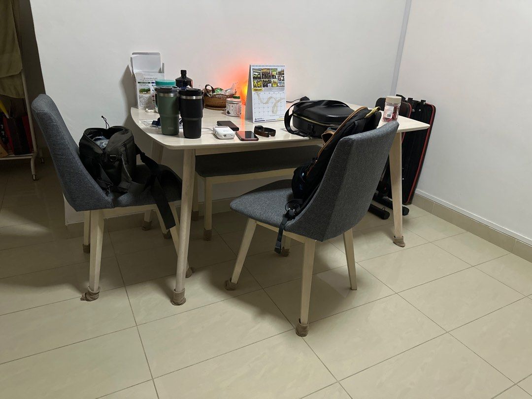 Dining set (Category: Tables & Sets) located in Singapore. Submitted by mrsjee (Listing ID 1275802197, Image 2). Description: Seldomly use, thinking to change a small dining set. Table top just a bit of stain that barely to see. 2 more chairs keep in store, total 4 chairs and 1 bench.