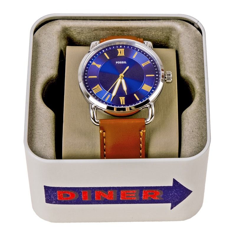 Fossil FS5661 Copeland Three Hand Luggage Blue Analog Brown Leather Strap Dress Classic Men s Watch