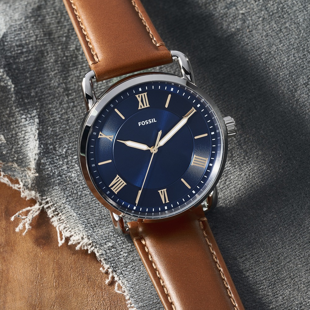 Fossil FS5661 Copeland ThreeHand Luggage Blue Analog Brown Leather