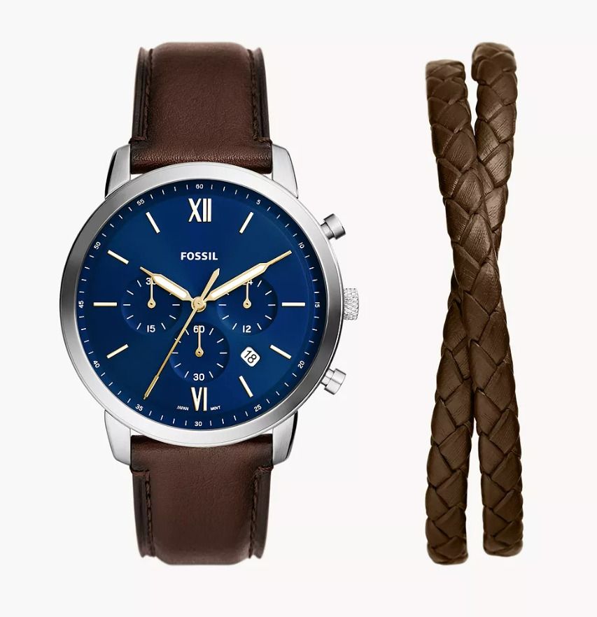 Fossil Neutra FS6018SET Men s Chronograph Quartz Blue Analog Brown Bracelet Box Set Watch Men s Fashion Watches Accessories Watches on Carousell
