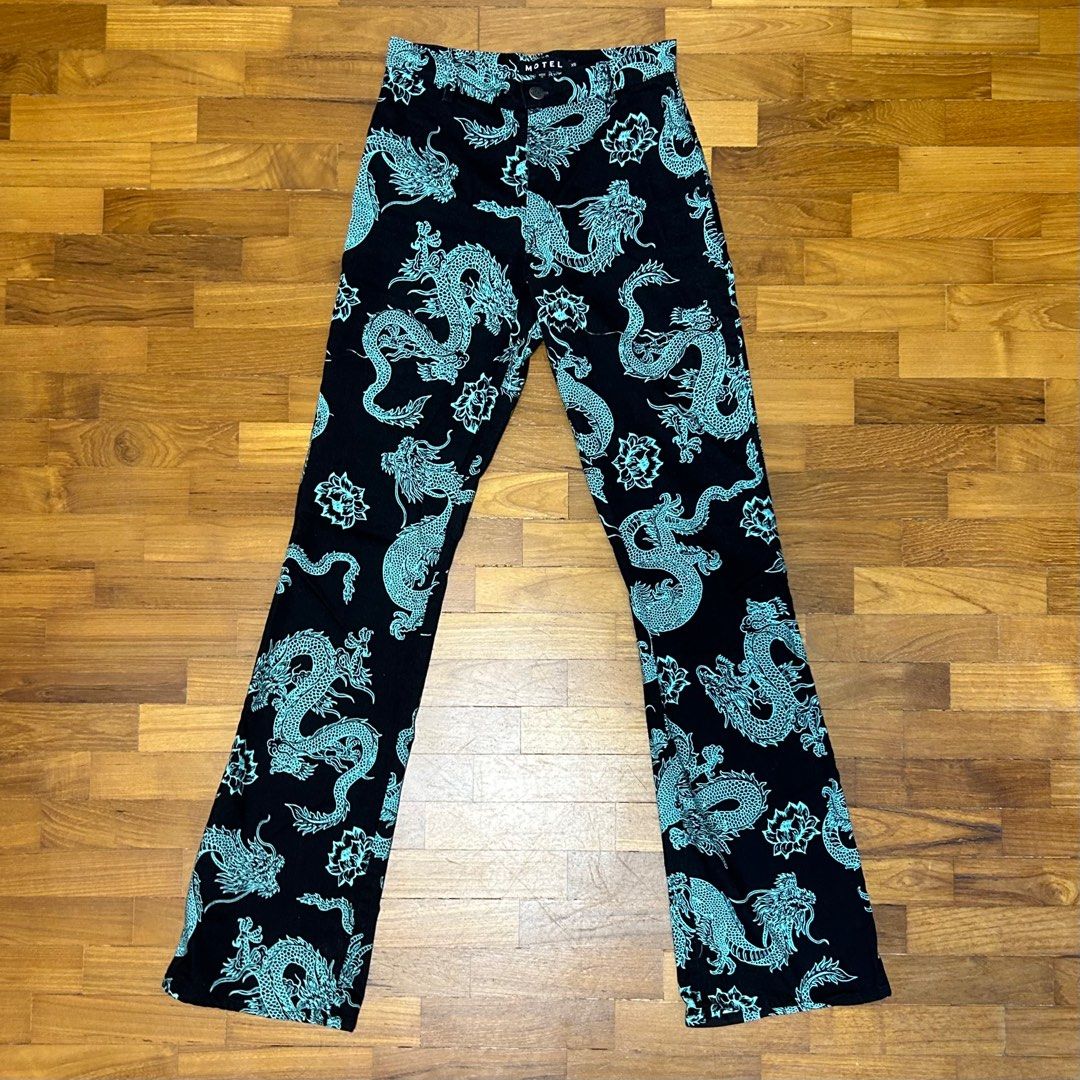 motel rocks high waisted flared zoven trousers black and turquoise