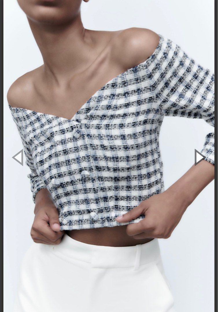 再入荷】off shoulder tweed crop tops | POMME d'amour
