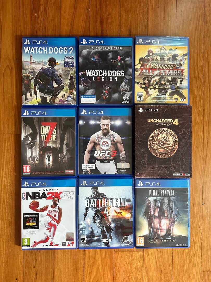 PS4 game Watch dogs 2 Watch dogs legion Warriors all stars 7 days to die UFC 3 Unchartered 4 a thief s end NBA 2K21 Battlefield 4