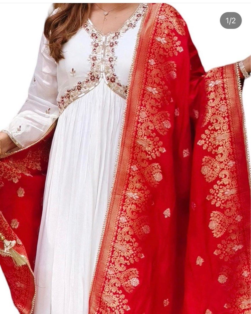 Pure Chinon Alia Cut White red Anarkali Women s Fashion Dresses