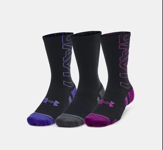 Under Armour Tech Performance Crew Socks Black Purple Grey Fuschia Socks Size Large Brand New w Tags Plastic