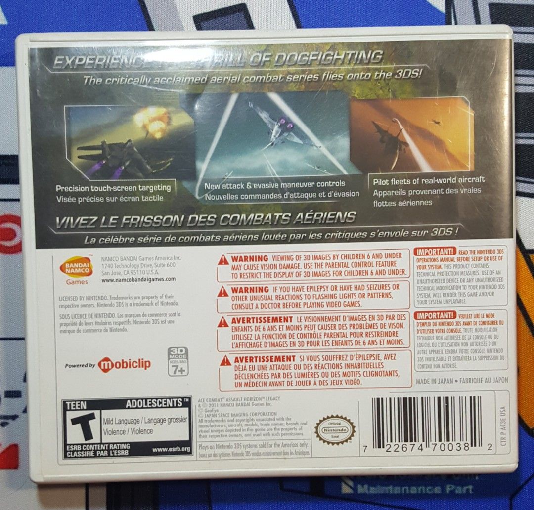 US Ace Combat Assault Horizon Legacy 3DS (Category: Nintendo) located in San Juan City. Submitted by ricsgaragesale (Listing ID 1275754420, Image 3). Description: US Ace Combat Assault Horizon Legacy 3DS. Price: 2,000 PHP - Authentic. - Tested and working - US region. - CIB. - Clean contact pins. Reason for selling: Already finished the game and decluttering. Meet up locations: Cubao and GreenHills. Modes of payment: Cash upon meet up or Gcash. M