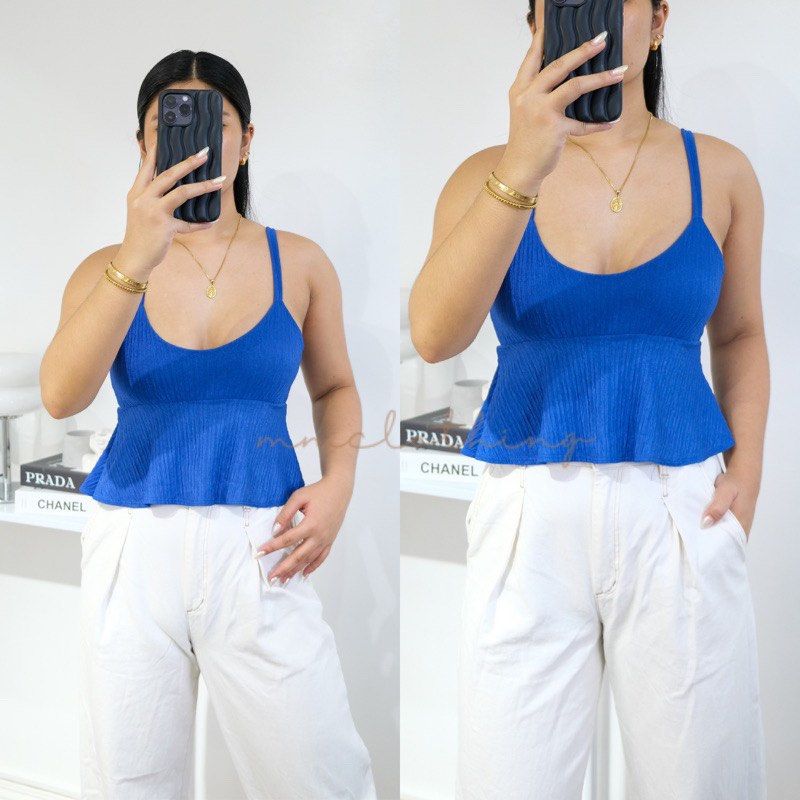 V neck cami peplum top - bundle (Category: Sleeveless) located in Manila. Submitted by a_hular (Listing ID 1275880836, Image 2). Description: Php200 for both top Black and royal blue Brand new, never worn Photo from seller Rfs: decluttering.