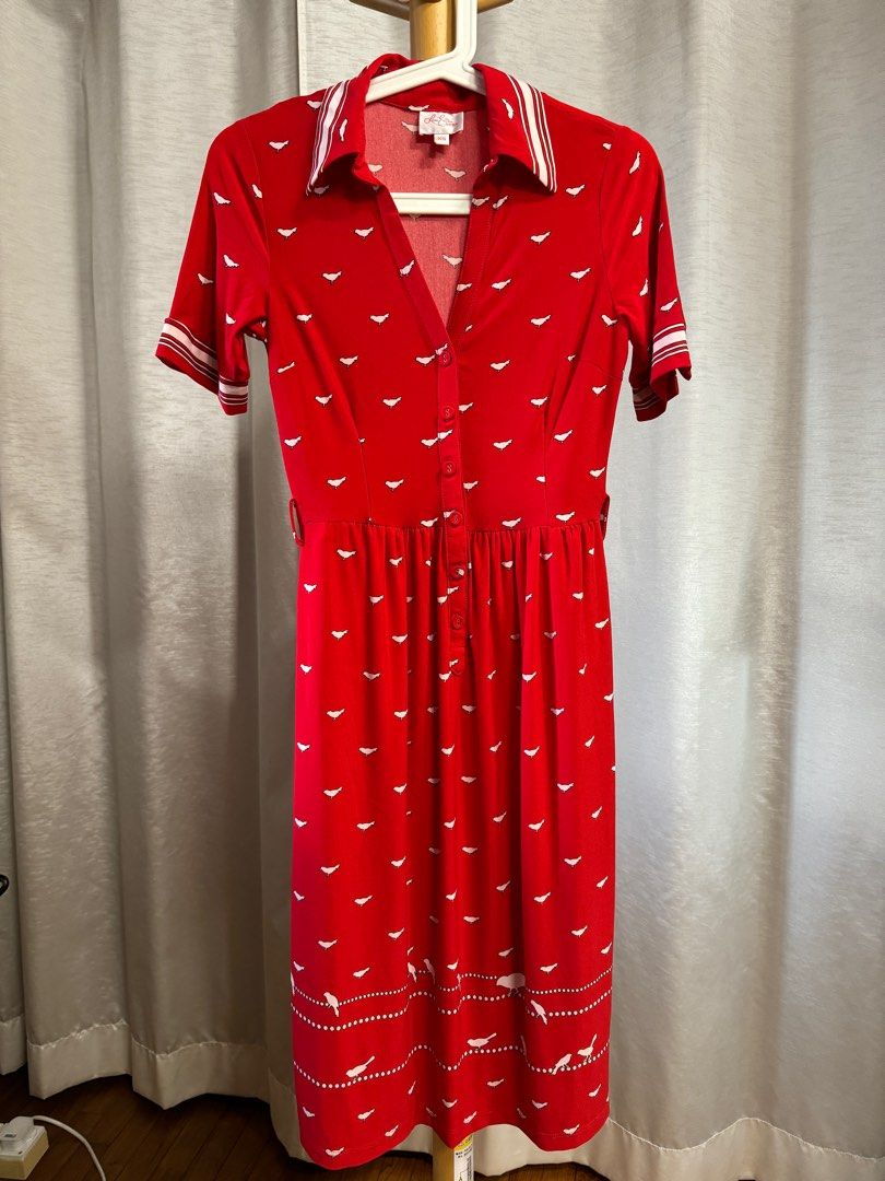 Vintage red and white bird print dress