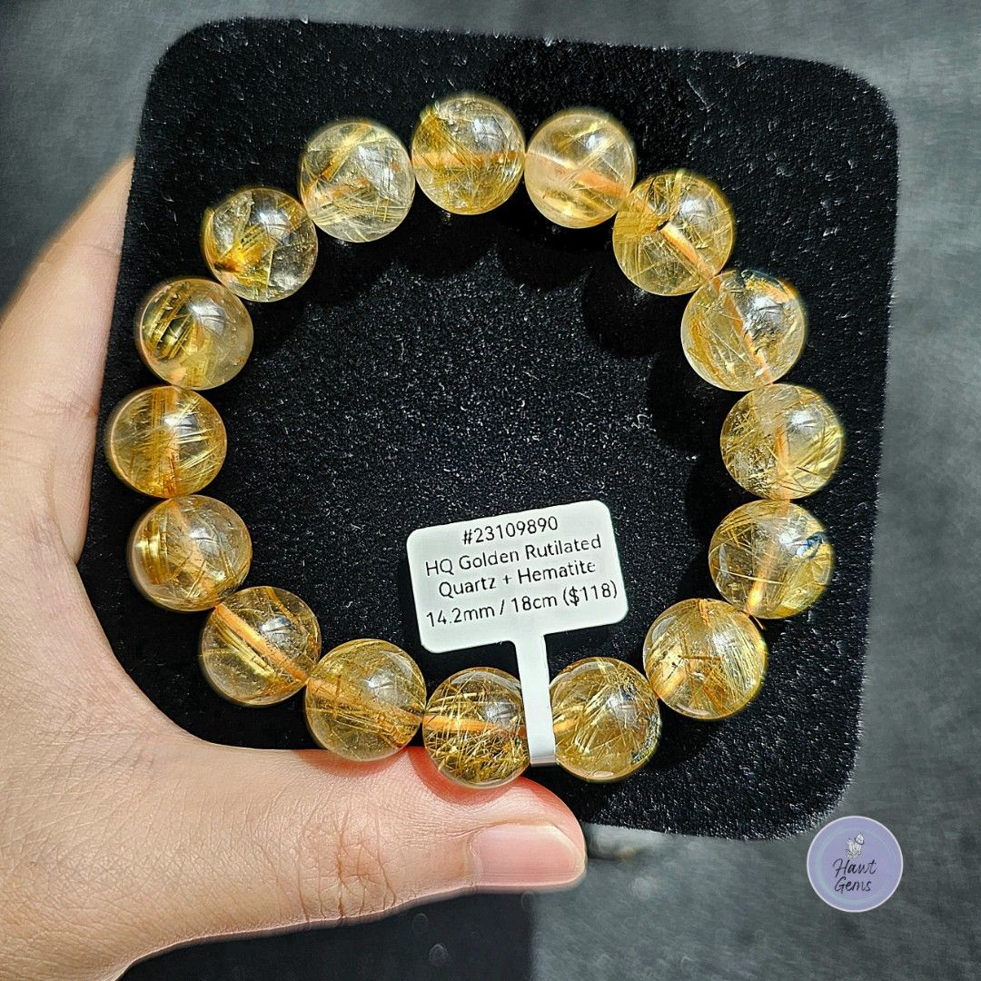 14 mm HQ Golden Rutilated Quartz Hematite Bracelet with Cert