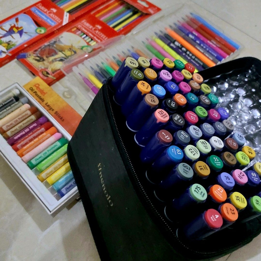 Art materials (Category: Craft Supplies & Tools) located in Paranaque City. Submitted by littleclosetbylou (Listing ID 1278197448, Image 1). Description: Slightly used coloring materials FOR TAKE ALL: Php. 1,000.00 (price is slightly negotiable for sure buyers) - Finenolo by Deli alcohol markers 60 colors (orig. price is 650) - Faber-Castell 12 classic color pencils - Faber-Castell 12 watercolor pencils - Pentel oil pastels - 16 colors - Brush pe
