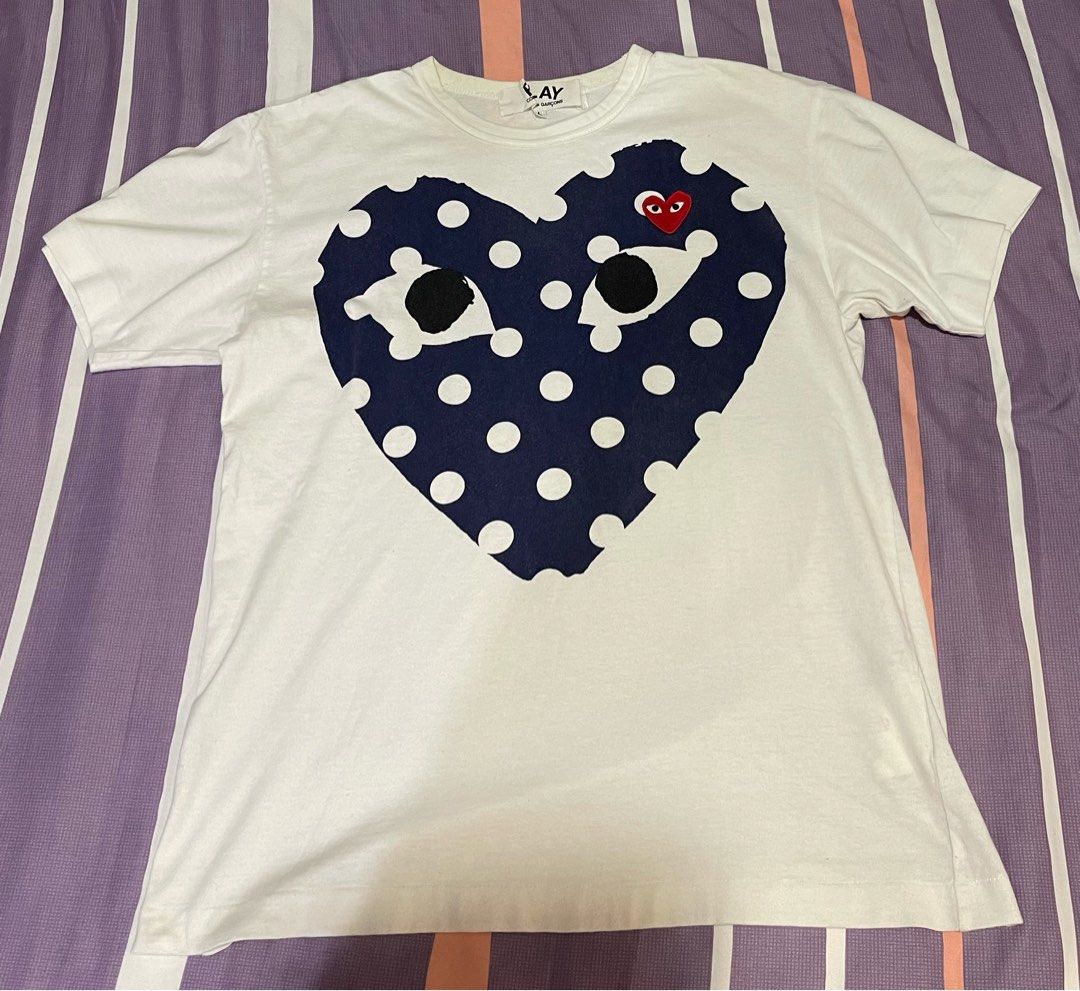 Authentic COMME DE GARCON PLAY Men Big Blue Heart polka dot cotton jersey T shirt