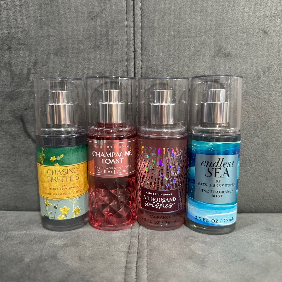 Bath & Body Works Fine Fragrance Mist Mini (Category: Fragrance & Deodorants) located in Manila. Submitted by alexispattan (Listing ID 1278237421, Image 2). Description: Chasing Fireflies 1 Happy Birth Day 1 A thousand Wishes 1 Japanese Cherry Blossom 1 Pumpkin Pecan Waffles 1 Wild Sand 1 Endless Sea 2 Champagne Toast 2 In the Stars 1 Sunrise Woods 2 Sensual Amber 1 Fresh Vanilla Blossoms 2 Midnight Blue Citrus 3 Sweet Whiskey 3 Gingham Blue 3.