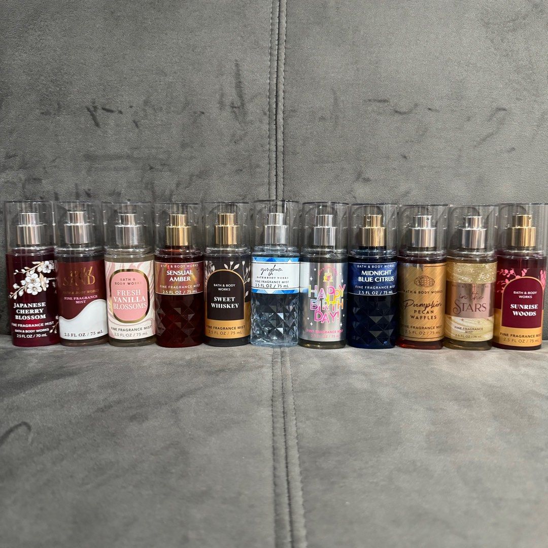 Bath & Body Works Fine Fragrance Mist Mini (Category: Fragrance & Deodorants) located in Manila. Submitted by alexispattan (Listing ID 1278237421, Image 1). Description: Chasing Fireflies 1 Happy Birth Day 1 A thousand Wishes 1 Japanese Cherry Blossom 1 Pumpkin Pecan Waffles 1 Wild Sand 1 Endless Sea 2 Champagne Toast 2 In the Stars 1 Sunrise Woods 2 Sensual Amber 1 Fresh Vanilla Blossoms 2 Midnight Blue Citrus 3 Sweet Whiskey 3 Gingham Blue 3.