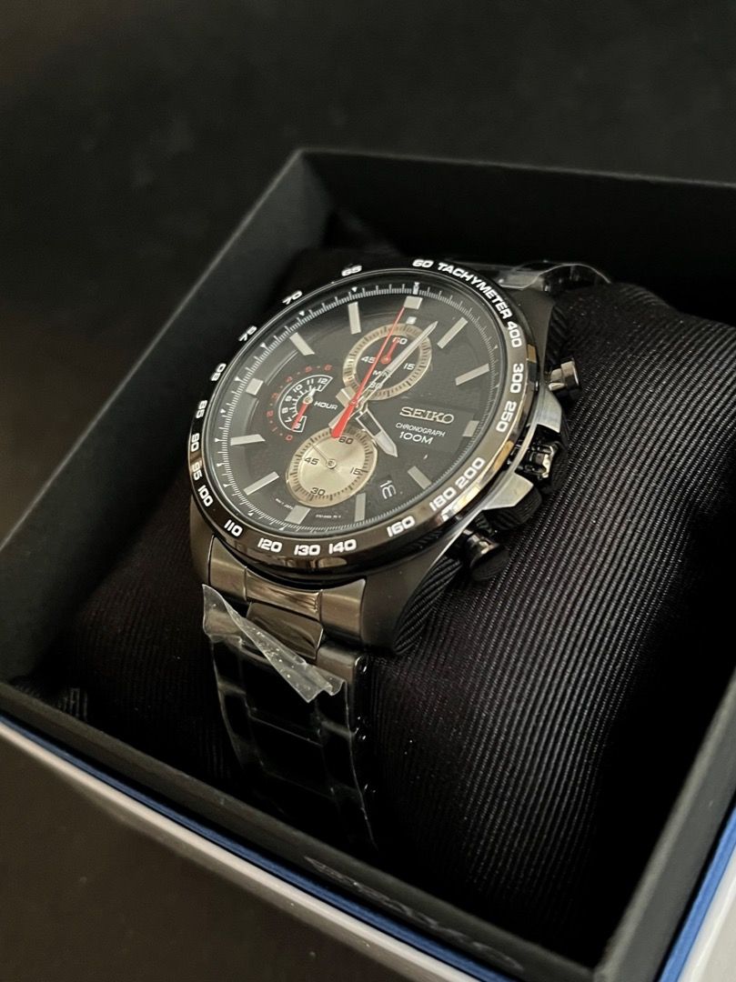 BNEW AUTHENTIC Seiko SSB283P1 Chronograph Tachymeter Black Dial Black Silver Steel Watch For Men P12 990
