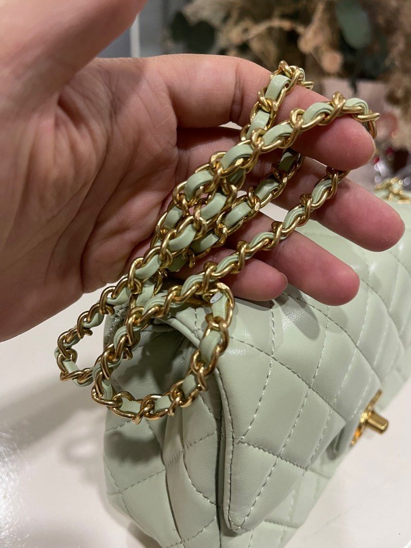 Chanel bag (Category: Luxury Bags & Wallets) located in Don Carlos. Submitted by thejoyofbags2 (Listing ID 1278254377, Image 3). Description: Chanel mint green Small bag Can be worn as sling bag ang shoulder bag Adjustable strap Pure leather Coded With dust bag Pm for more info.