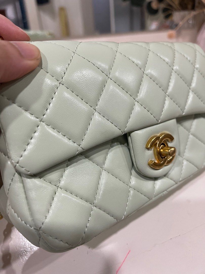 Chanel bag (Category: Luxury Bags & Wallets) located in Don Carlos. Submitted by thejoyofbags2 (Listing ID 1278254377, Image 2). Description: Chanel mint green Small bag Can be worn as sling bag ang shoulder bag Adjustable strap Pure leather Coded With dust bag Pm for more info.