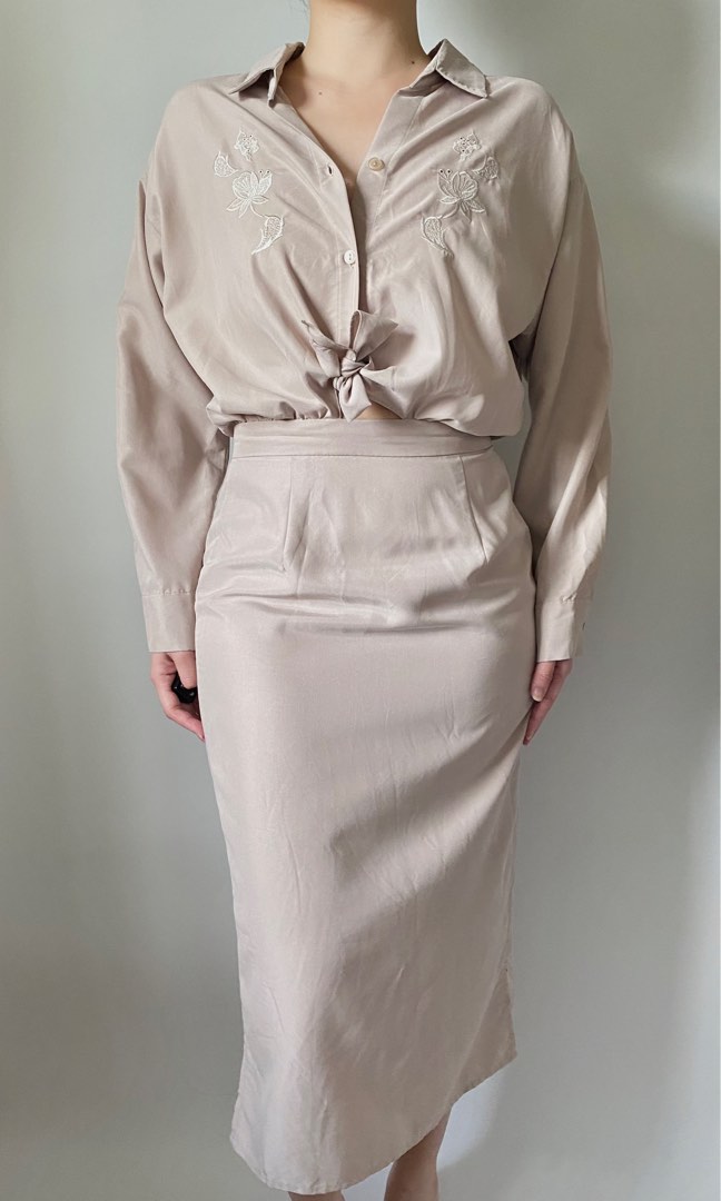 dainty nude beige long sleeve midi dress with embroidery, Women's Fashion, Dresses & Sets
