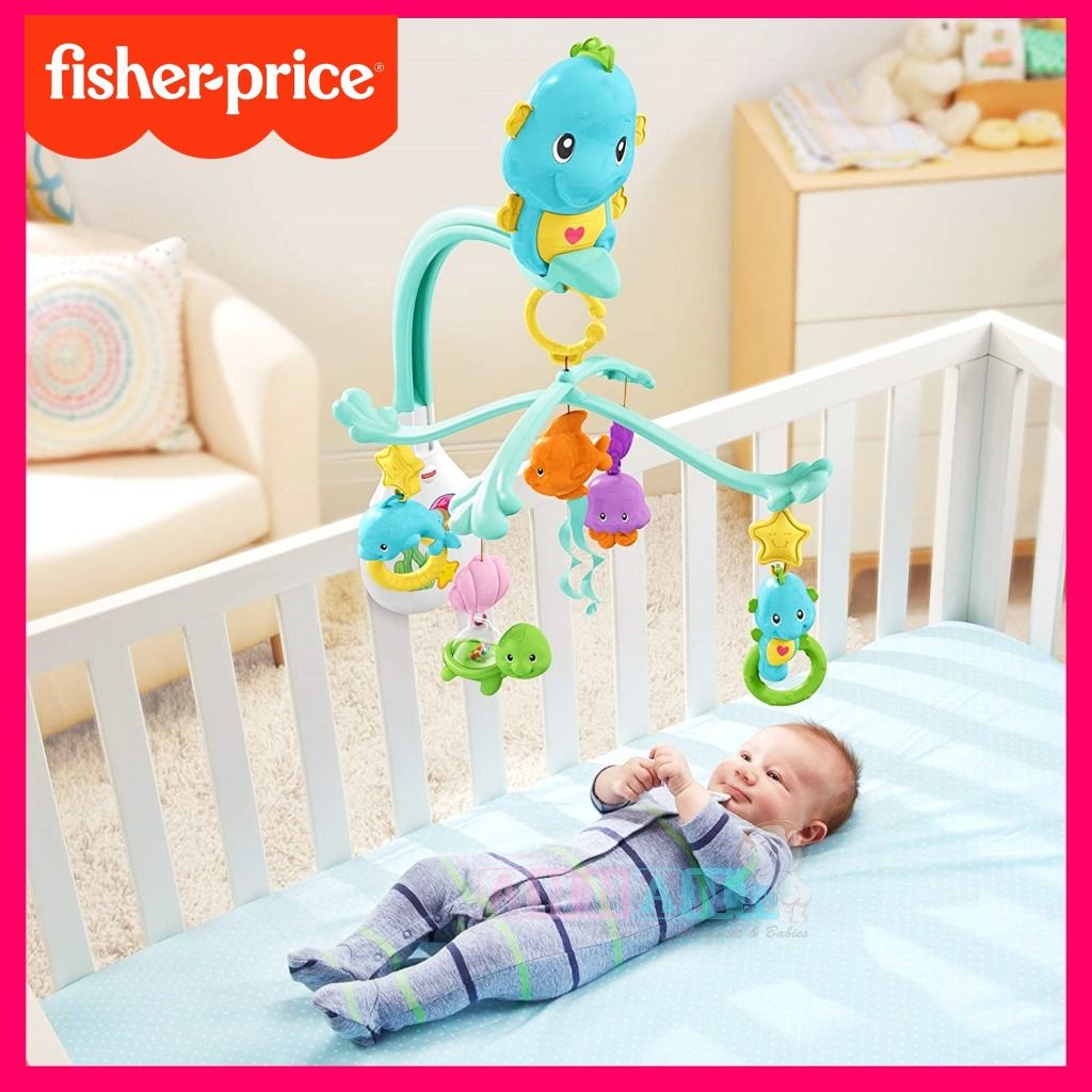 FREE DELIVERY Fisher Price 3 in 1 Soothe Play Seahorse Mobile Baby Cot Crib Bed Hanging Soothing Toy Music Rattle Sleep Bedding