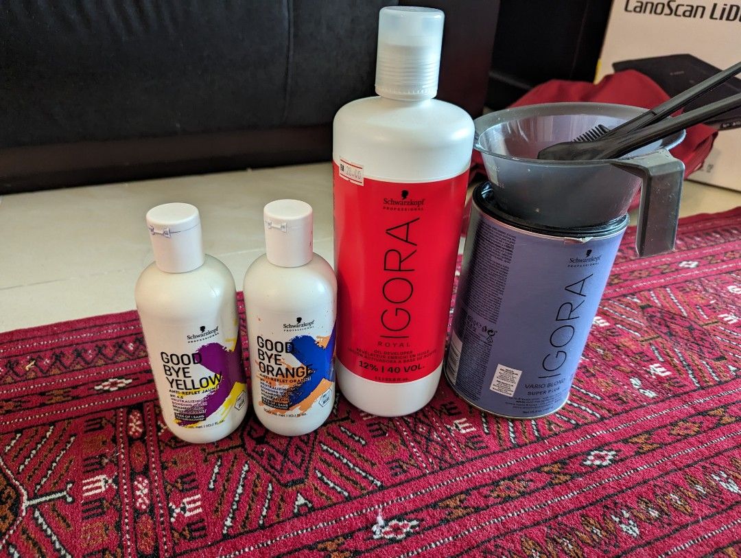 Hair bleaching powder, developer, and blue and purple shampoo, Beauty