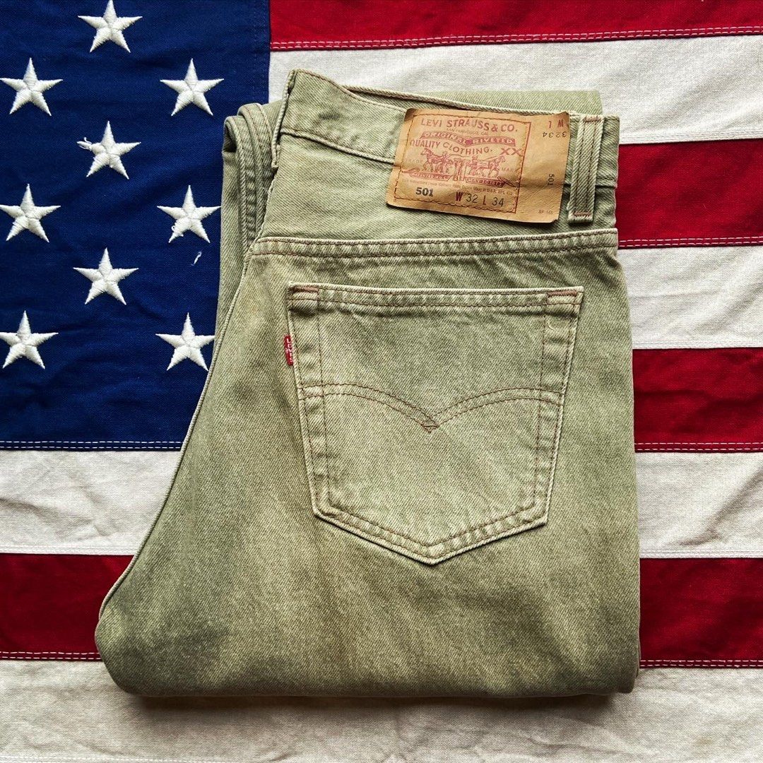 Made in USA 🇺🇸 90s Levi's 501 green denim jeans 牛仔褲, 男裝, 褲