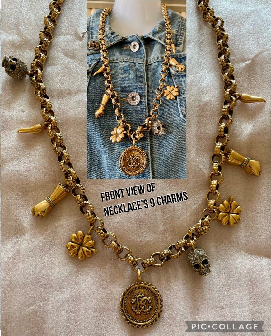 New with tag rare Authentic Roberto Cavali gold plated charms long Necklace