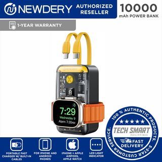NEWDERY 10000mAh Portable Charger, Power Bank with Built-in Cables, Fast Charging with LED Display for iPhone 15 Pro Max Plus, Apple Watch, Samsung Phones
