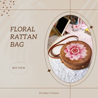 Pink Floral Rattan Cross-body Beach Bag