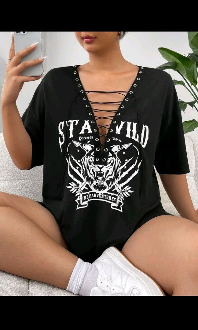 Plus Size Graphic Ladder Cut out Front Tee Women s Fashion Tops Shirts on Carousell