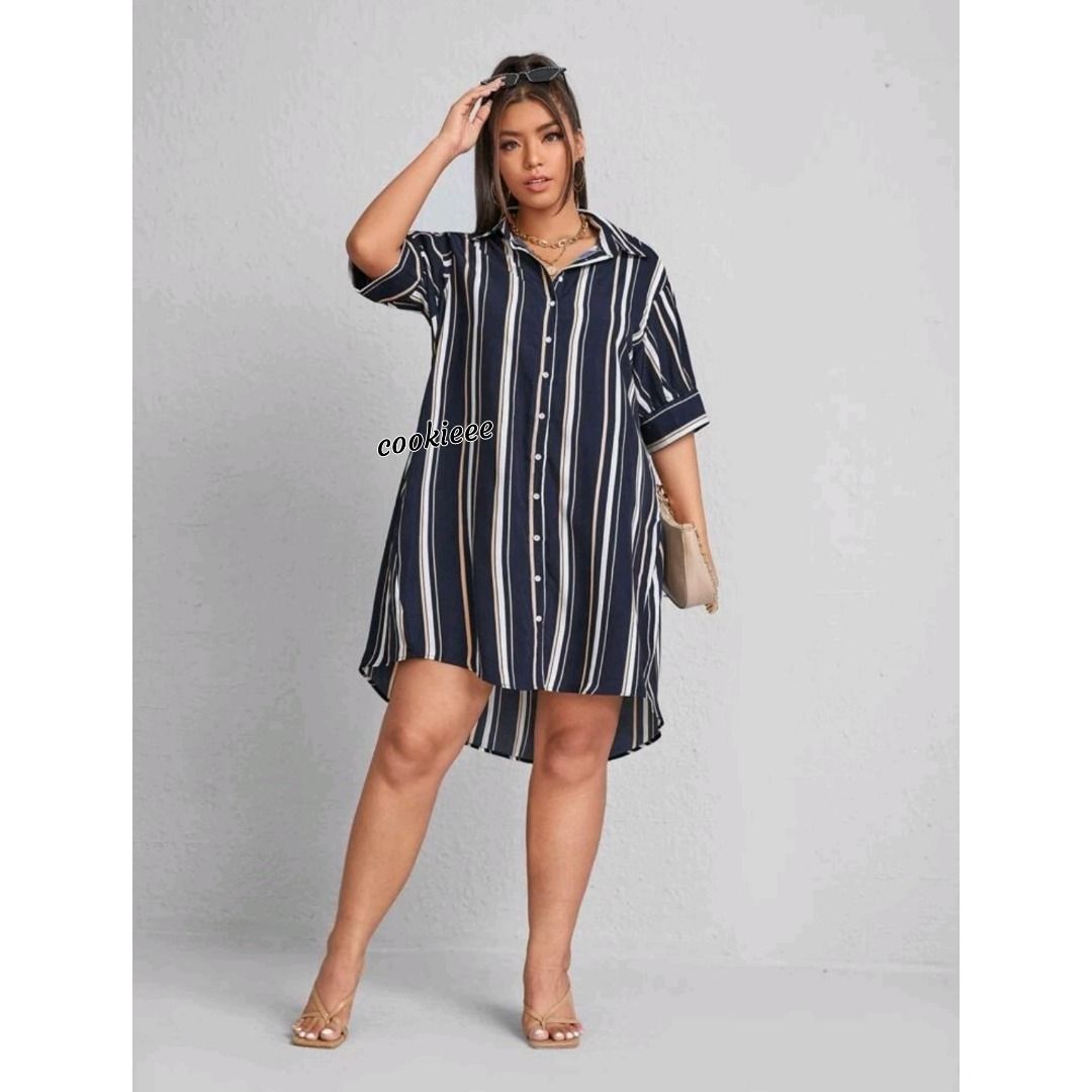 Plus Size XL NAVY WHITE Nautical Thick Strips Collar Short Sleeved