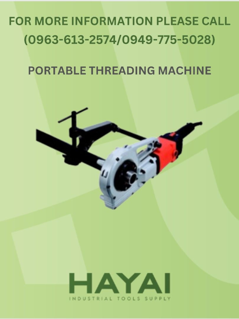PORTABLE THREADING MACHINE (Category: Construction Tools & Equipment) located in Manila. Submitted by hayaiindustrial (Listing ID 1278160086, Image 1). Description: PORTABLE THREADING MACHINE Model:PT600 Voltage:220V-60Hz Power Input:1100W No load min:26 Full load min:19 Max. Die Head:2"nominal(60.33mm) Dimension:552x200x98mm Net Weight:7.6kg(16.76) Standard Accessories:Adapter,Blocking Vise Interested ? Reach us through the following contact det