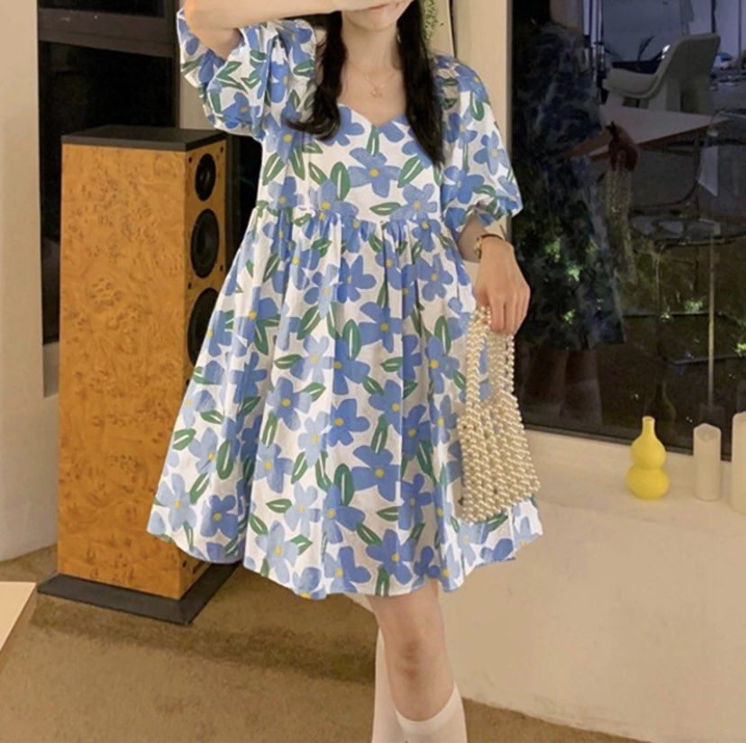 VONDA Women Korean Casual Puff Sleeves V Neck printing Short