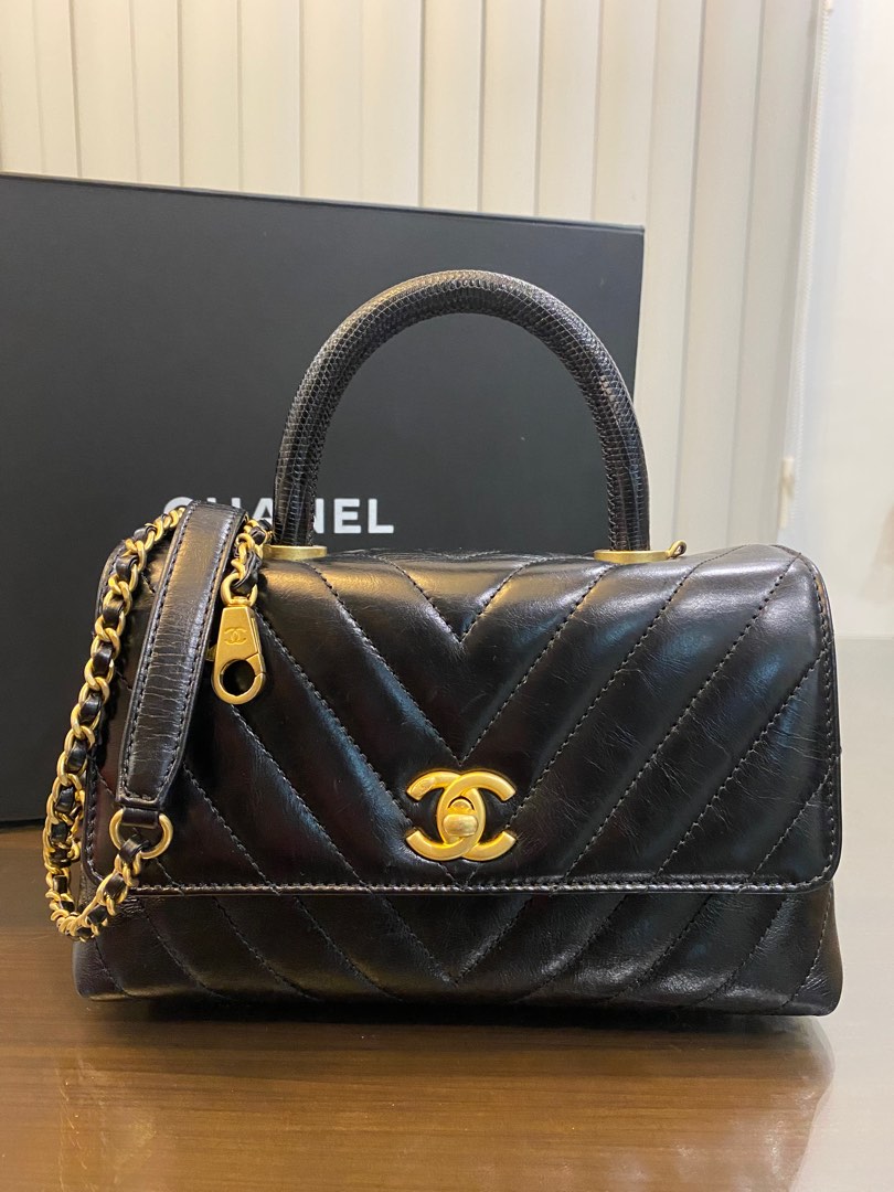 AUTHENTIC CHANEL SMALL COCO TOP HANDLE IN BLACK CALFSKIN LEATHER W ...