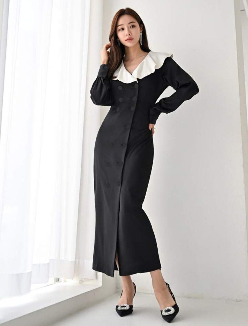 Office Collared Horn Long Sleeve Black White Contrast Color Length Dress main image 1