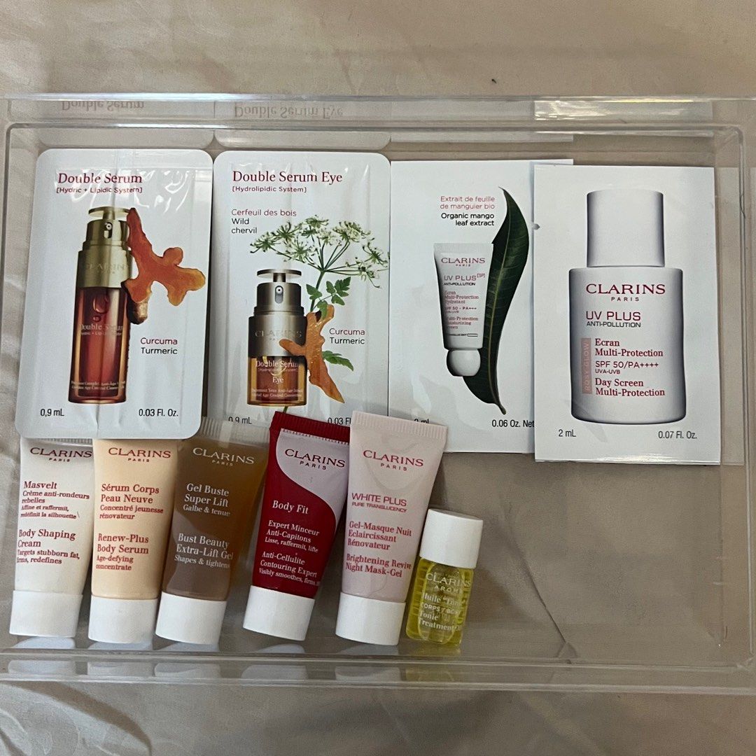 Clarins Sample Sachet Double Serum Body Shaping Fit Tonic Oil (Category: Face Care) located in Singapore. Submitted by closetdeals (Listing ID 1278515982, Image 1). Description: Double Serum 0.9ml - $1.80 QTY: 8 Double Serum Eye 0.9ml - $2.50 QTY: 9 UV Plus [3P] Rosy Glow 2ml - $1.50 QTY: 3 UV Plus [5P] Translucent 2ml - $1.50 QTY: 6 UV Plus [5P] Rose 2ml - $1.50 QTY: 2 Body Shaping Cream 8ml - $5 QTY: 2 Body Fit 8ml - $2 QTY: 2 Body Serum 8ml - 