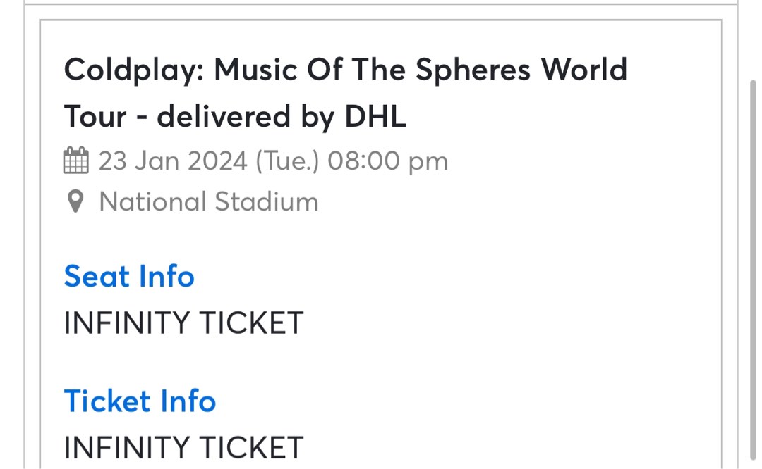 Coldplay Infinity Tickets x 2, Tickets & Vouchers, Event Tickets on