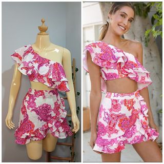 Coords Terno Layered Ruffle Hem Croptop Mini Skirt Set  Boho Paisley White Pink Summer Casual