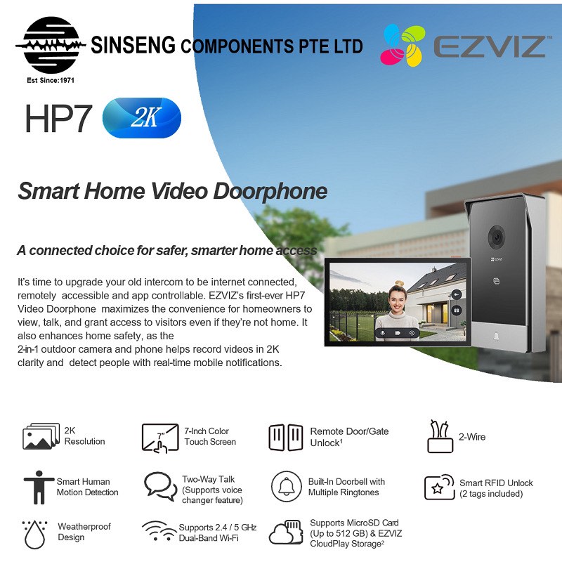 Ezviz HP7 5G, 2K Smart Home Villa Video Intercom Doorphone Door Access  with 7” Color Touch Screen, Remote Door/Gate Unlock, Two Way Audio