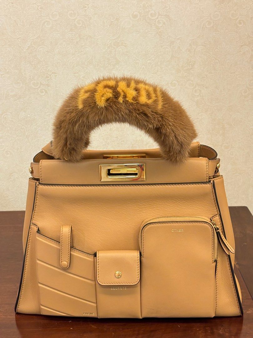 Fendi Peekaboo Utility Bag with Mink Fur Handle Cover Authentic