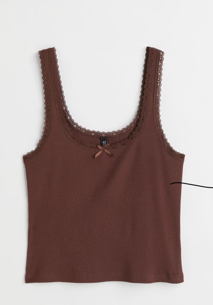 H&M brown lace-trimmed pointelle tank top, Women's Fashion, Tops