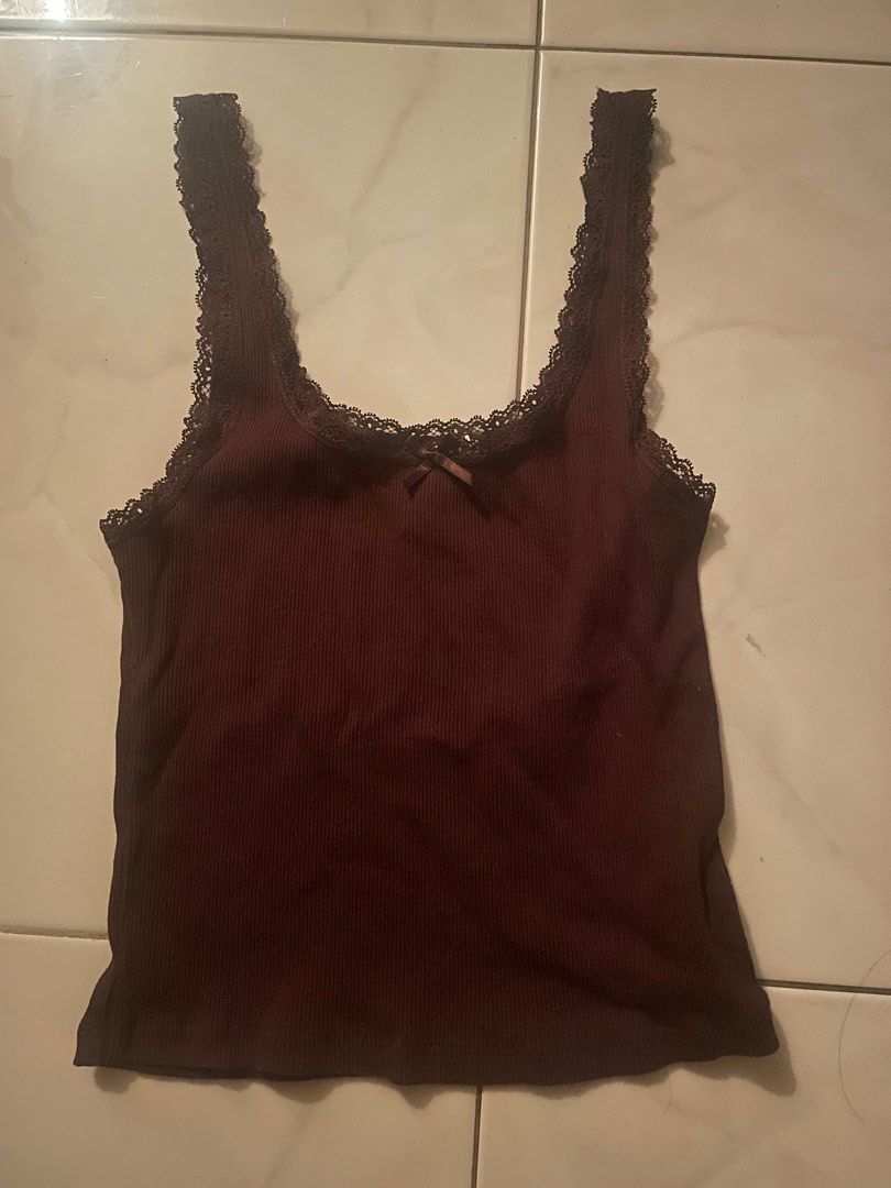 H&M brown lace-trimmed pointelle tank top, Women's Fashion, Tops, Sleeveless  on Carousell
