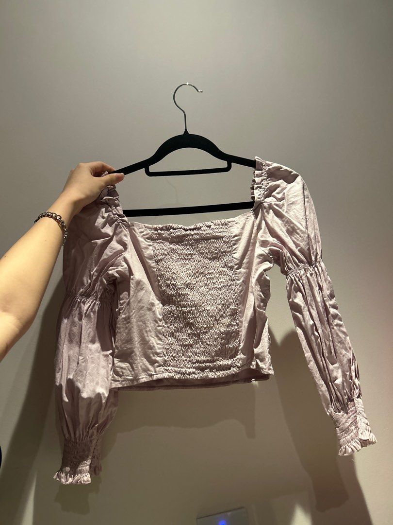 H M Lavender Puff Sleeve Milkmaid Smocked Top Women s Fashion