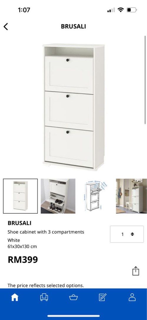 BRUSALI shoe cabinet with 3 compartments, white, 61x30x130 cm - IKEA