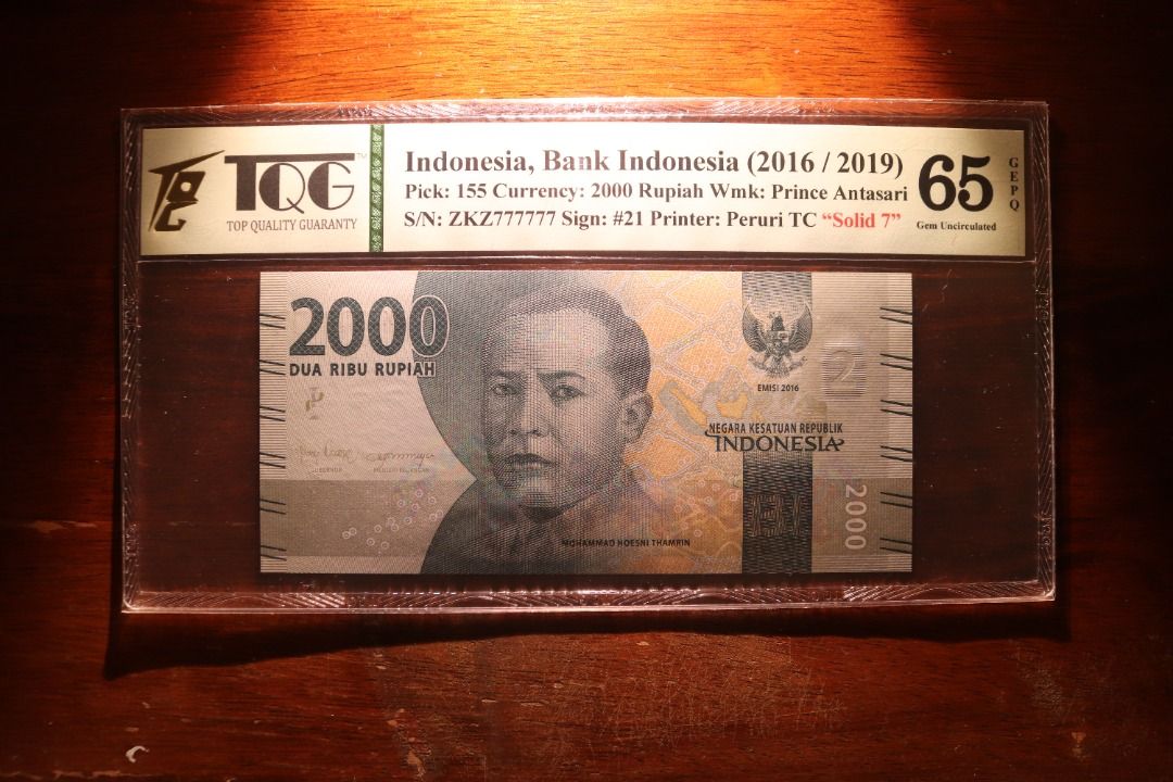 Indonesian 65GEPQ 2,000 Rupiah Solid 7 Banknote ZKZ777777 Year 2016