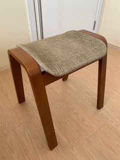 Mid-century brown wooden stool with cushion