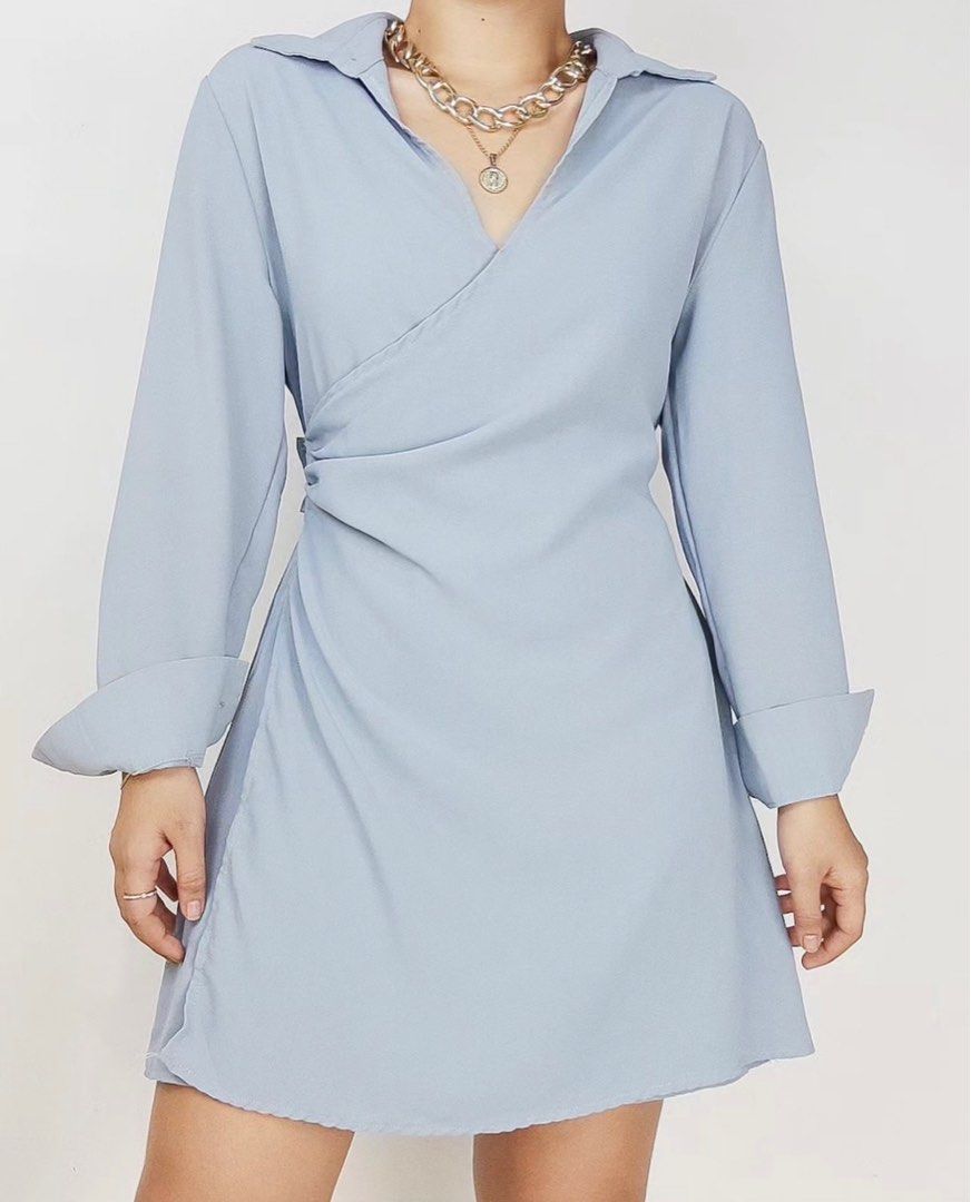 Muted Blue Overlap Long Sleeve Dress, Women's Fashion, Dresses & Sets,  Dresses on Carousell